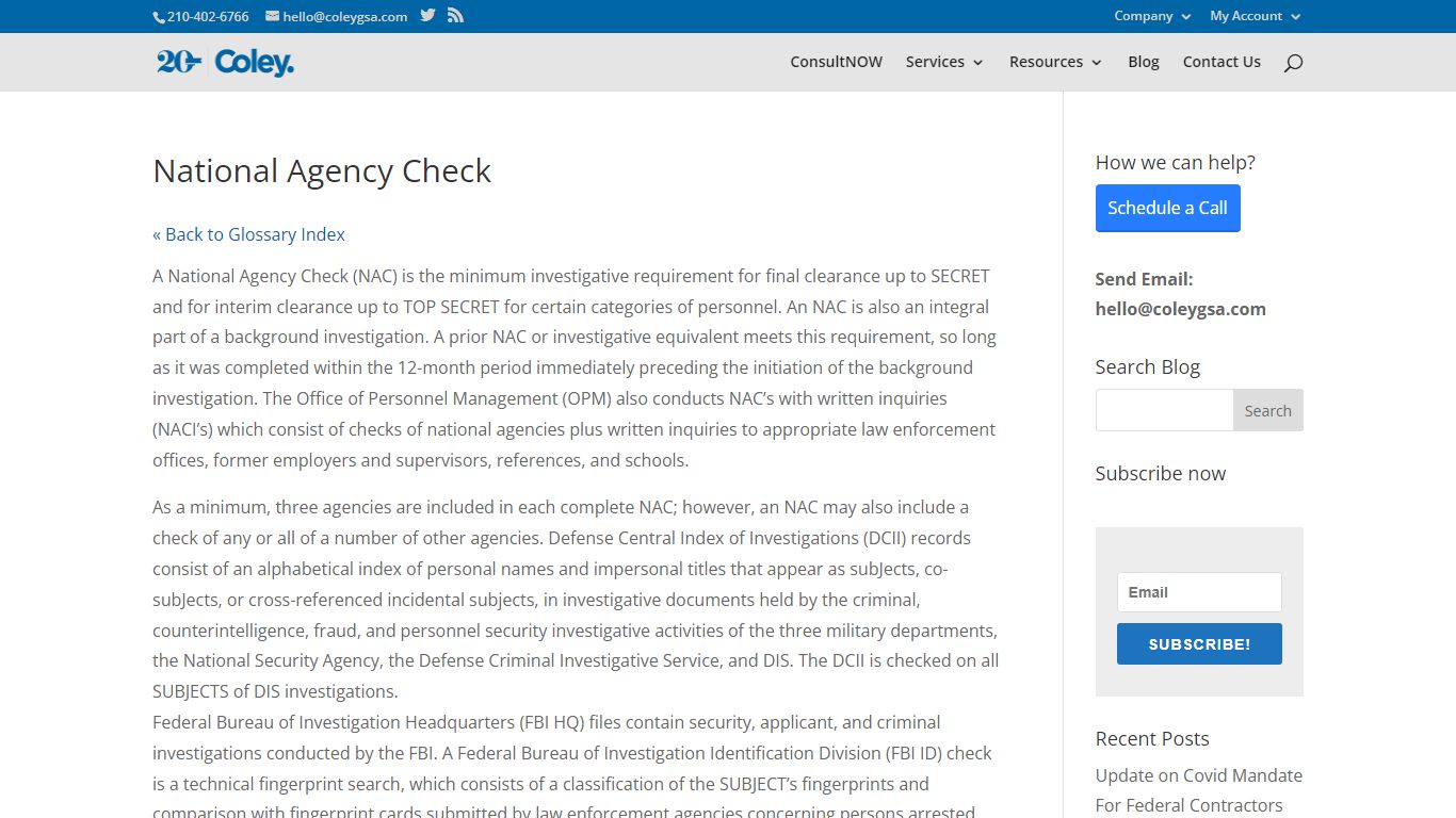 National Agency Check - Coley Government Contract Services