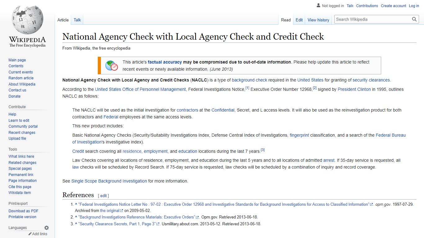 National Agency Check with Local Agency Check and Credit Check